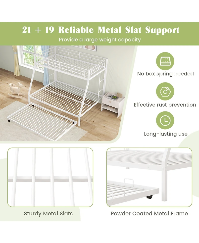 Sugift Twin Over Full Bunk Bed Frame with Trundle for Guest Room-White