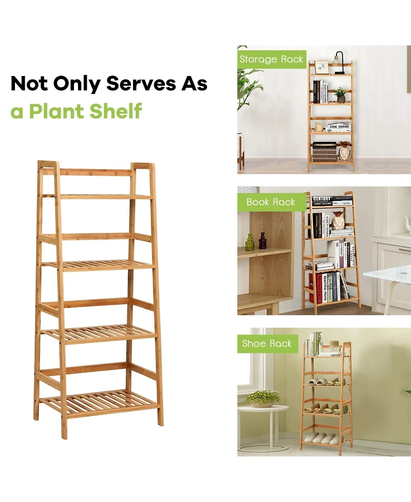 Sugift 4-Tier Bamboo Plant Rack with Guardrails Stable and Space-Saving-Natural