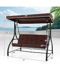 Sugift 3 Seat Outdoor Porch Swing with Adjustable Canopy-Coffee