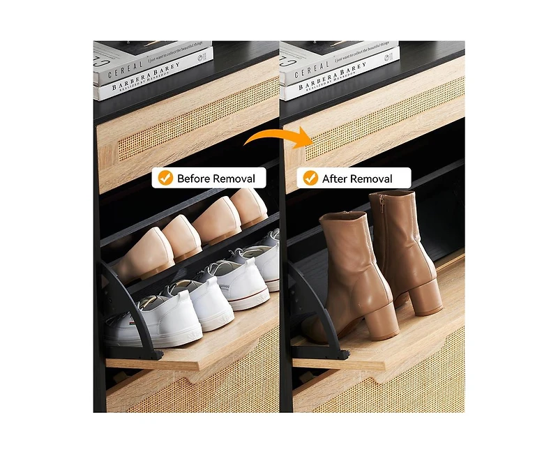 gaomon Natural Rattan Shoe Cabinet with 2 Flip Door and 1 Drawer, Freestanding Shoe Storage Organizer, Modern Narrow Shoe Rack with Adjustable Shelves