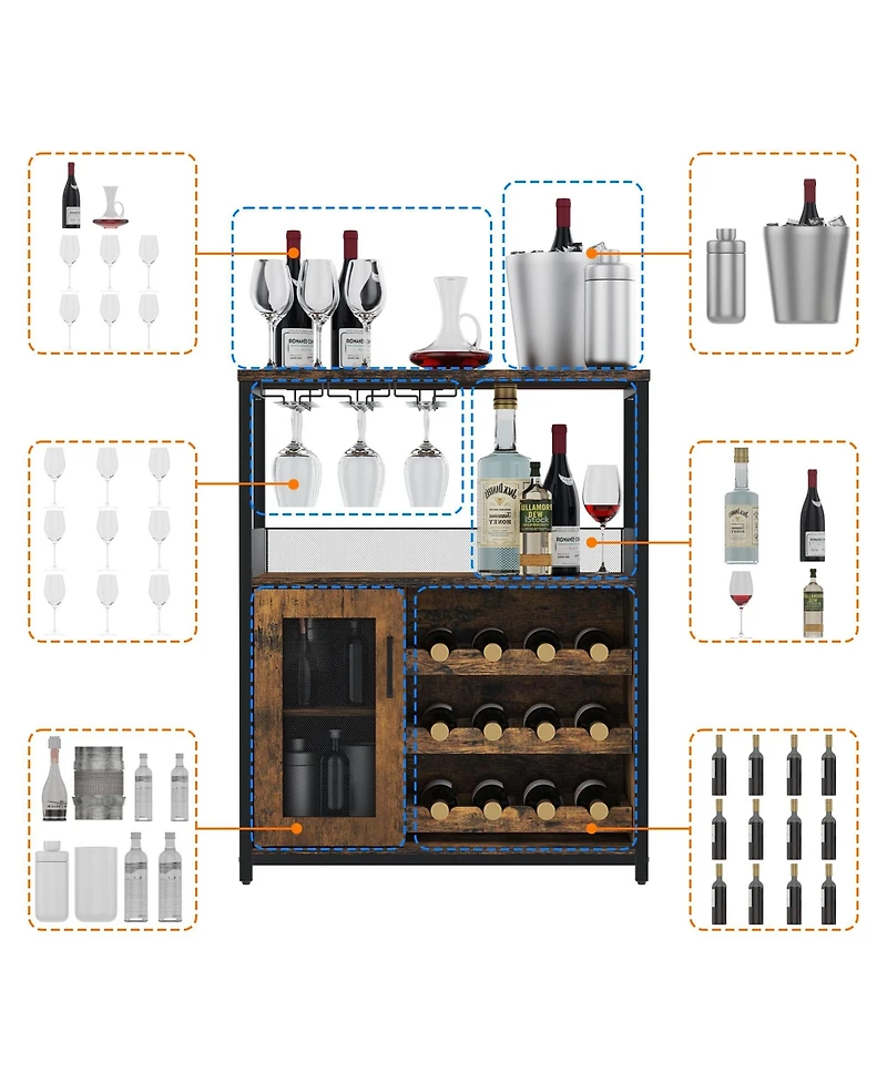 gaomon 3-Tier Wine Bar Cabinet with Led Lights, Detachable Wine Rack and Storage Space,Retro