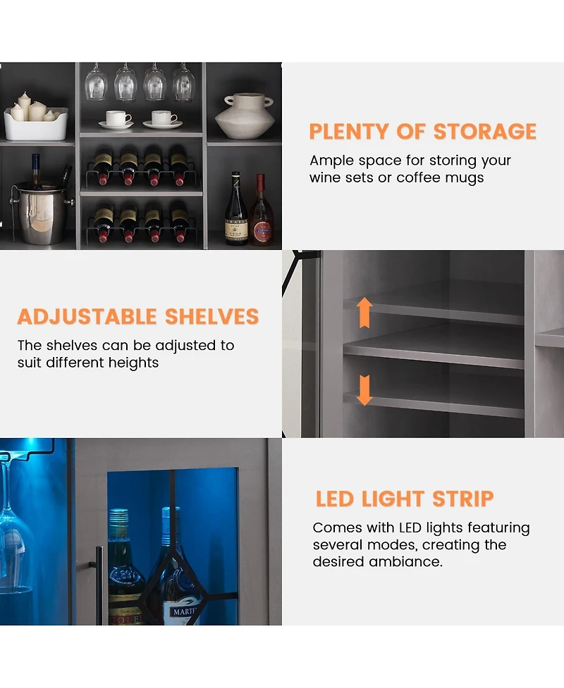 gaomon Wine Bar Cabinet with Led Light,Home Coffee Cabinet with Wine and Glass Rack,Kitchen Buffet Sideboard with Storage,Dark Grey