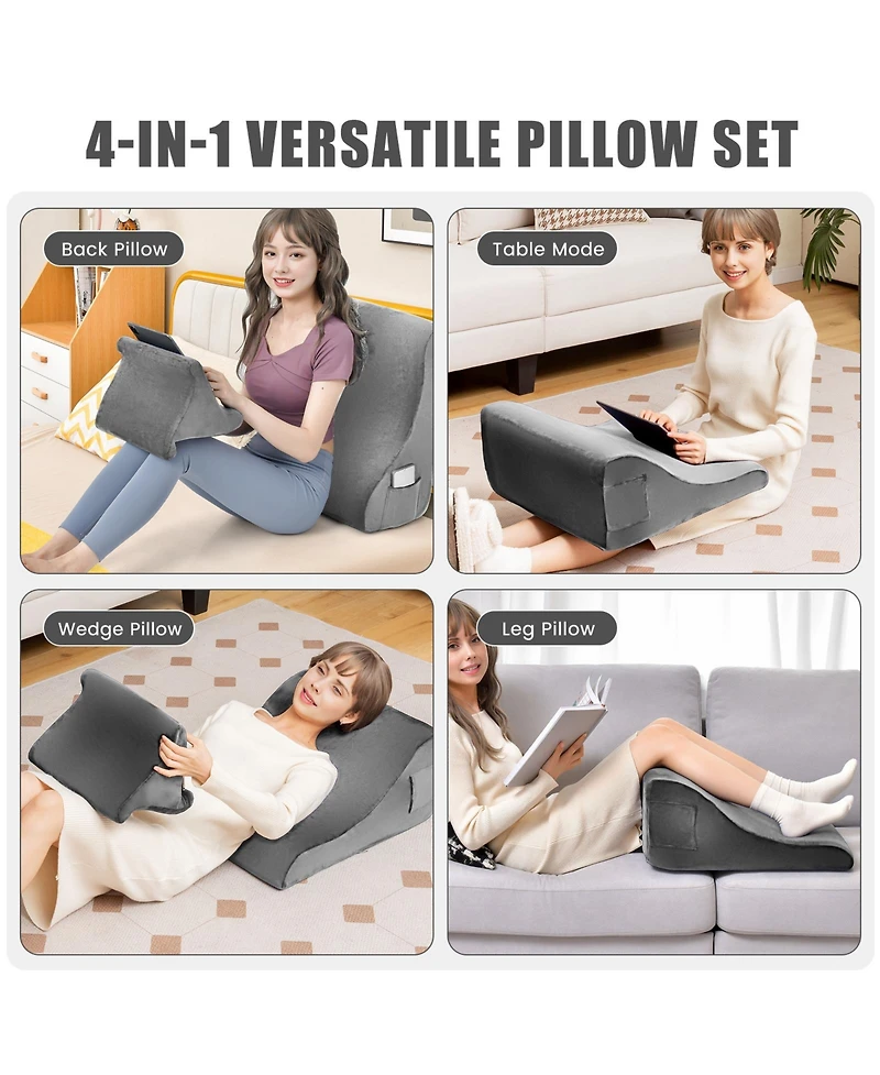 Sugift Bed Wedge Pillow with Tablet Pillow Stand and Side Pockets-Gray