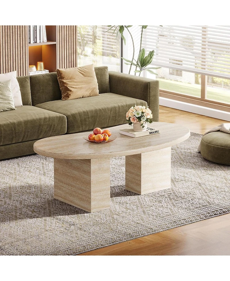 Tribesigns 45.28" Oval Coffee Table for Living Room, Large Modern Coffee Table, All-Wood Center Table with Asymmetric Pedestal Legs, Oak