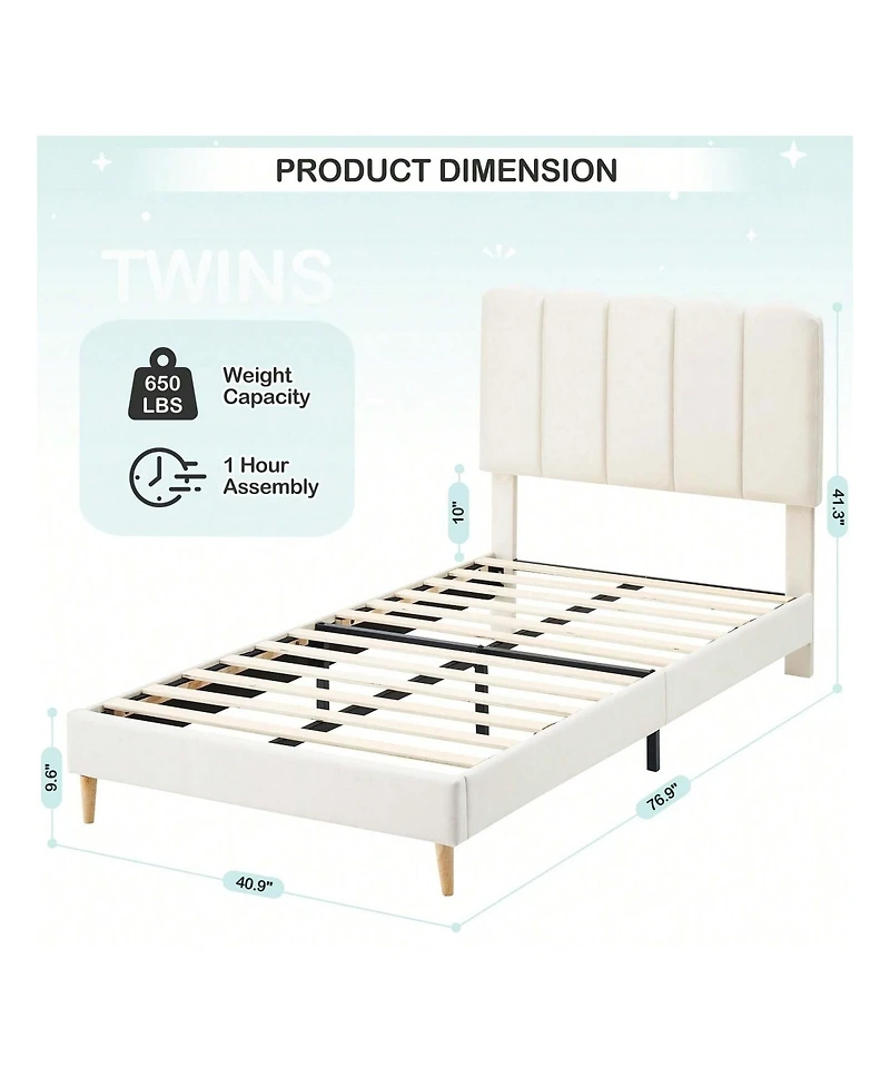 gaomon Twin Bed Frame For Girls, Velvet Upholstered With Headboard, No Box Spring Needed, Wooden Slats Support, Easy Assembly