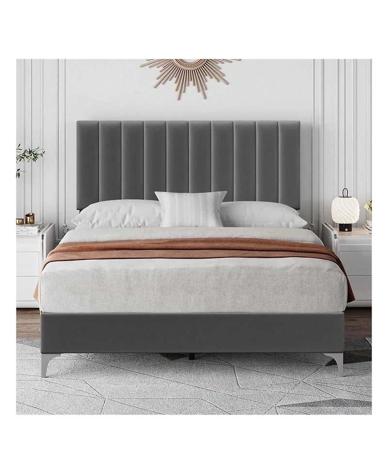 gaomon Platform Bed Frame With Adjustable Velvet Upholstered Headboard, Mattress Foundation With Wooden Slat Support, No Box Spring Needed