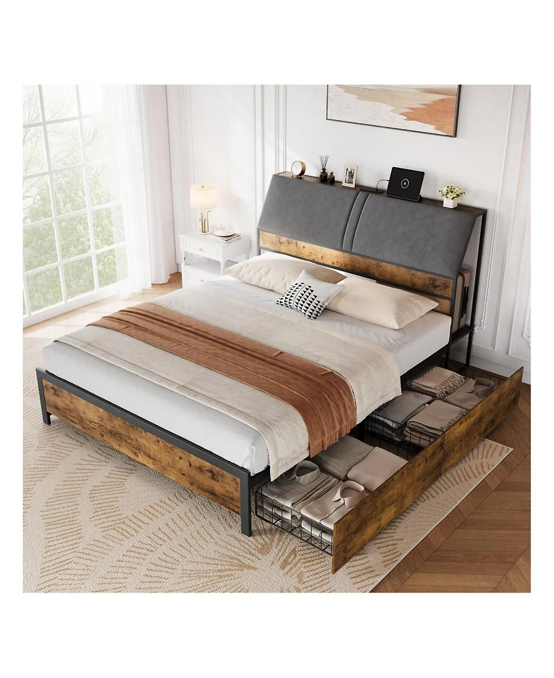 gaomon Full Bed Frame With Charging Station And 4 Storage Drawers, Metal Platform Bed With Ergonomic Large Storage Headboard, Noise-Free, No Box Sprin