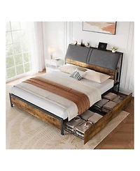 gaomon Full Bed Frame With Charging Station And 4 Storage Drawers, Metal Platform Bed With Ergonomic Large Storage Headboard, Noise-Free, No Box Sprin