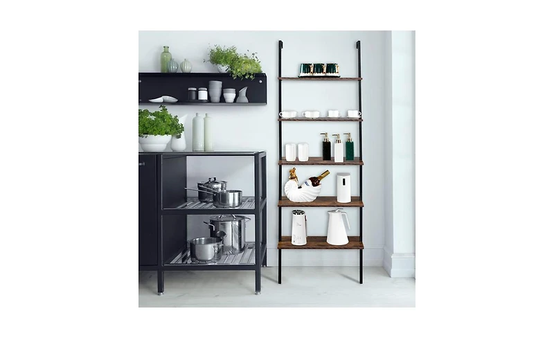 Slickblue Industrial Wall-Mounted Bookcase 5-Tier Open Ladder Shelf with Metal Frame for Stylish Storage