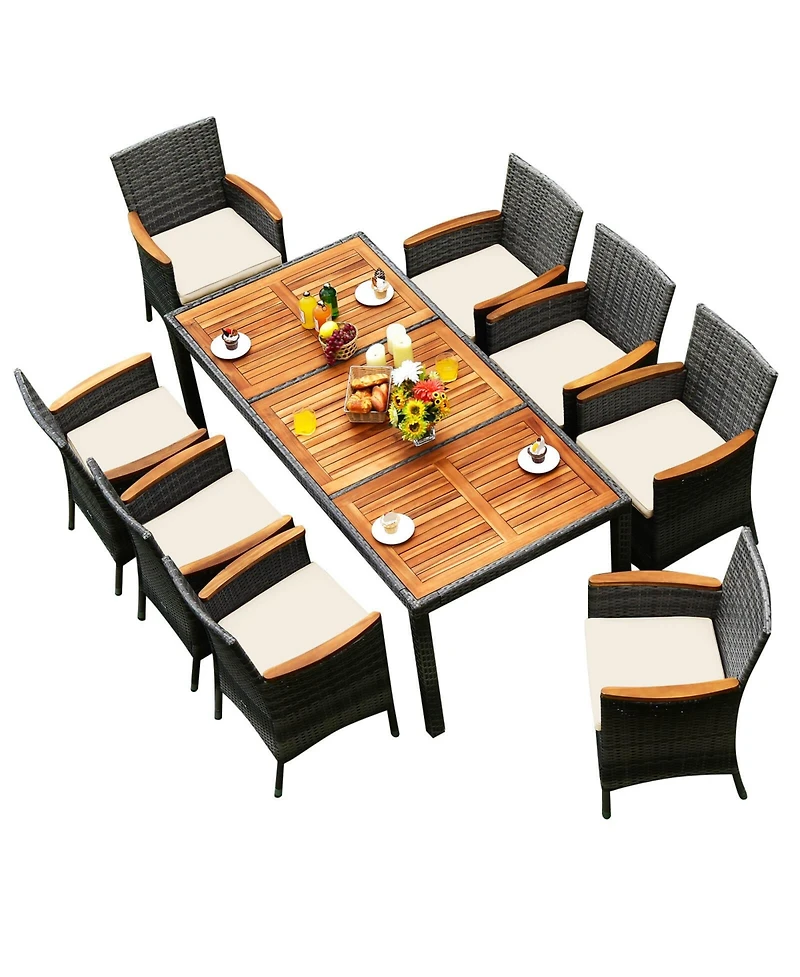 Gouun 9 Pieces Rattan Patio Dining Set with Acacia Wood Table and Cushioned Chair