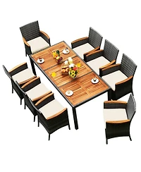 Gouun 9 Pieces Rattan Patio Dining Set with Acacia Wood Table and Cushioned Chair