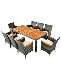 Gouun 9 Pieces Rattan Patio Dining Set with Acacia Wood Table and Cushioned Chair