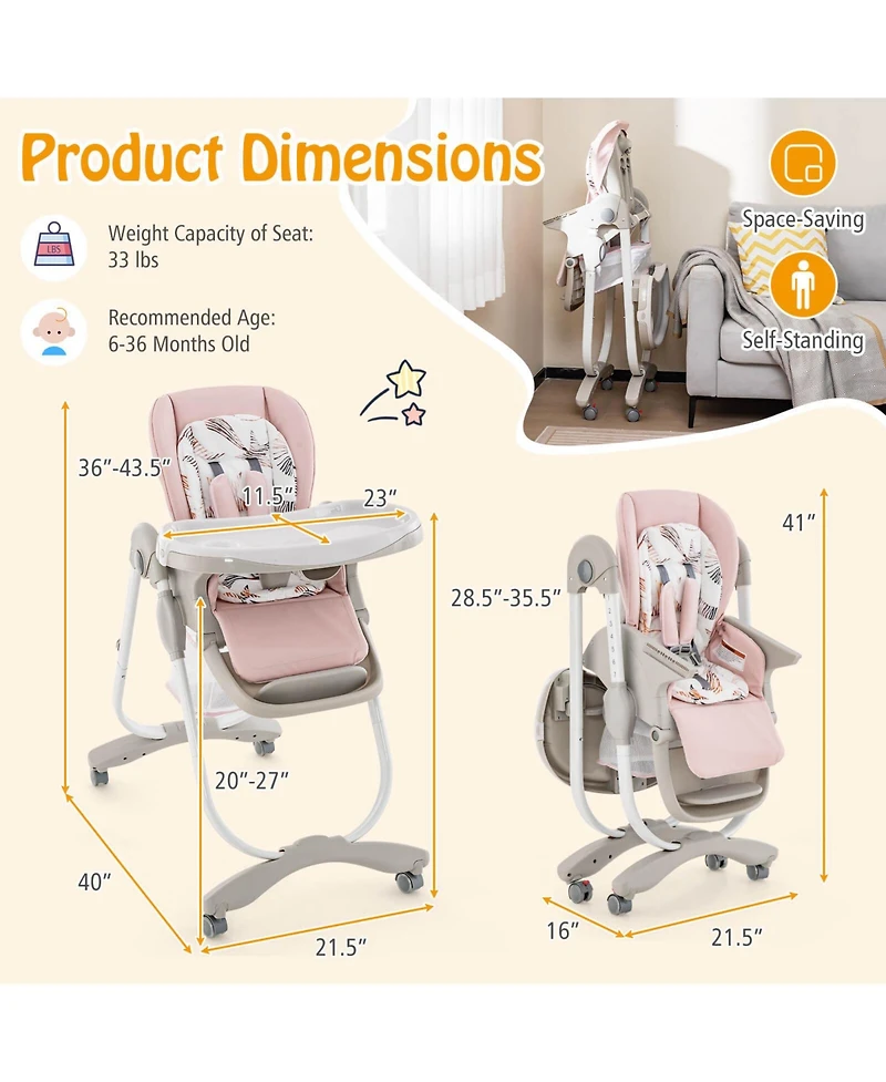 Costway High Chair for Babies & Toddlers with Rolling Wheels Adjustable Height Footrest