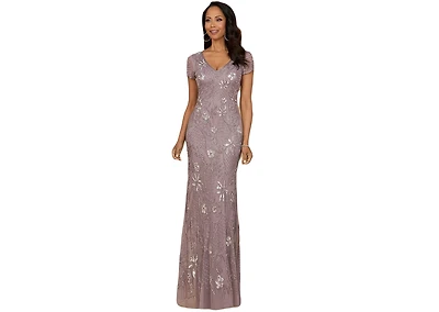 Lara Women's V-Neck, Short Sleeve Beaded Gown