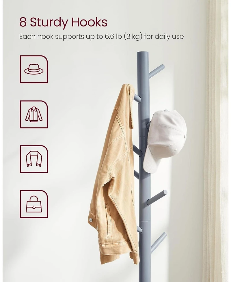 Songmics Home Solid Wood Free-Standing Coat Rack with 8 Hooks & 3 Adjustable Heights, Grey