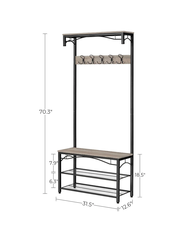 Songmics Home Industrial Style Coat Rack with Shoe Storage, 3-Tier Storage Shelf for Entryway, Greige