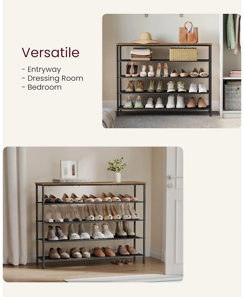 Songmics Home Industrial Style 5-Tier Shoe Rack, Organize 20-24 Pairs of Shoes, Brown & Black