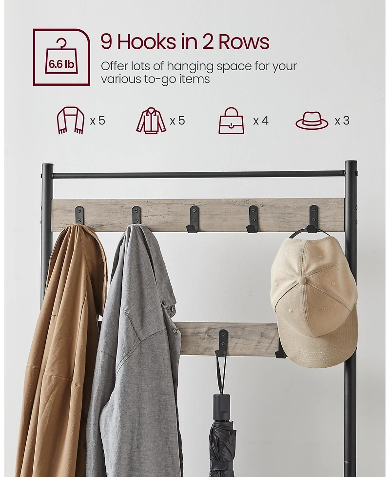 Songmics Home Entryway Industrial Style Coat Rack with Shoe Storage, 3-in-1 Design Steel Frame, Grey