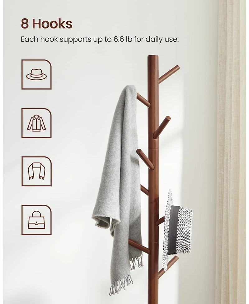 Songmics Home Solid Wood Tree-Shaped Coat Rack with 8 Hooks & 3 Height Options, Dark Walnut