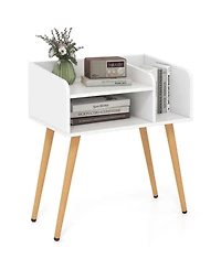 Costway Mid Century Modern End Table with Open Shelves Metal Support Legs for Bedroom