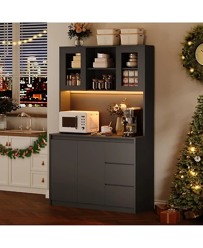 gaomon 70" Kitchen Food Pantry with Charge Station, Led Light,Storage Cabinet