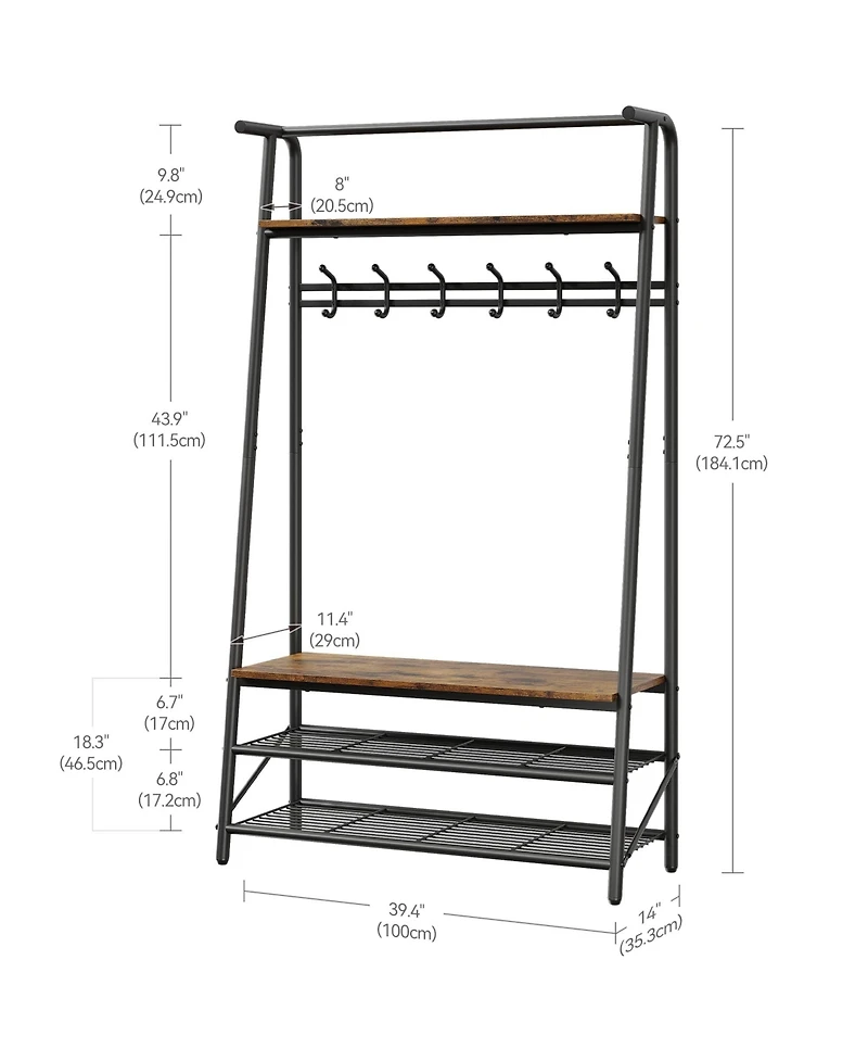 gaomon Industrial Rustic 4-in-1 Hall Tree Bench with Shoe Rack, Storage Shelf, and 5 C-Shaped Hooks in Brown & Black