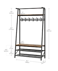 gaomon Industrial Rustic 4-in-1 Hall Tree Bench with Shoe Rack, Storage Shelf, and 5 C-Shaped Hooks in Brown & Black