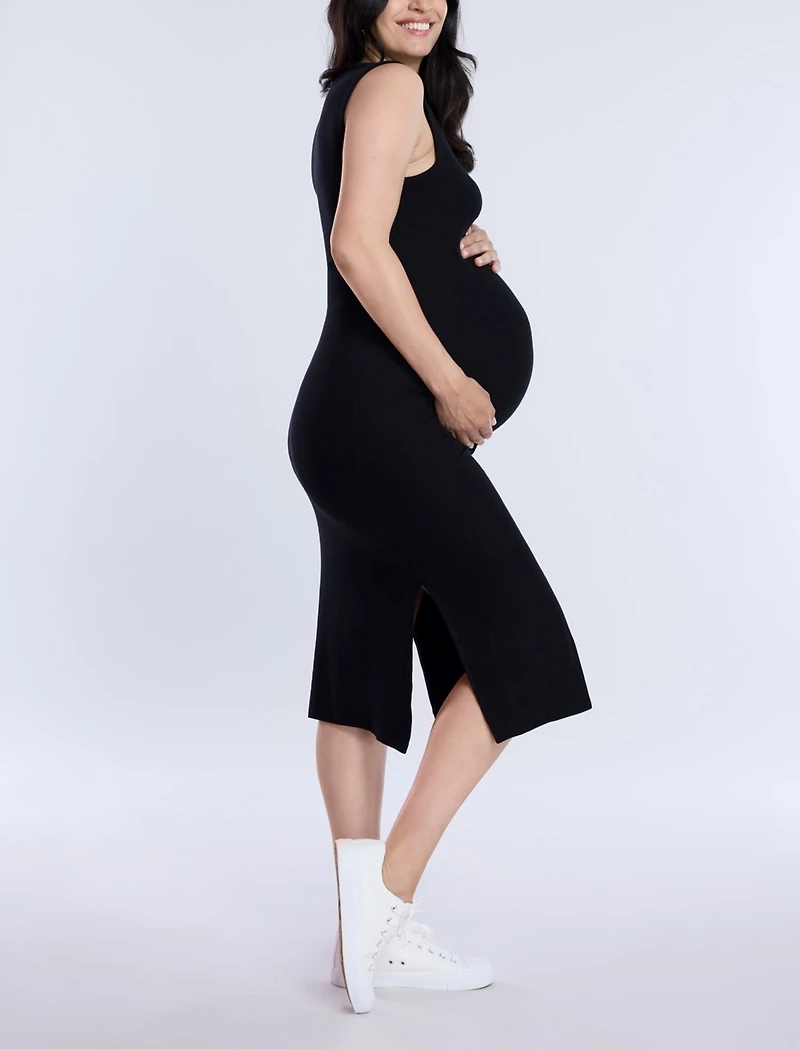 Motherhood Maternity Crew Neck Rib Knit Sleeveless Midi Dress