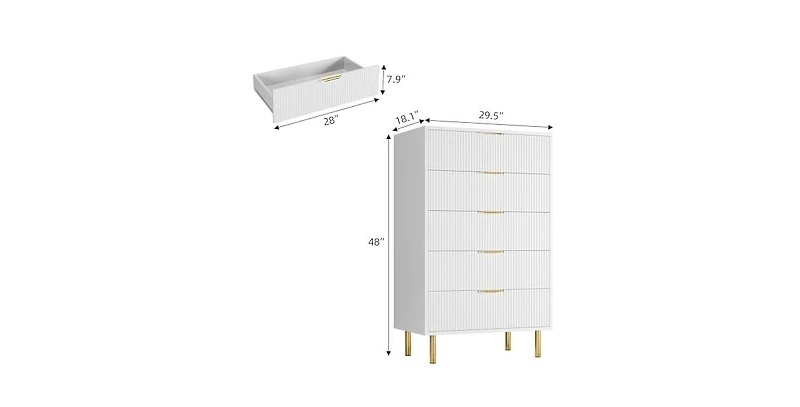 gaomon White Dresser, Modern 5 Drawer Dresser for Bedroom with Gold Handle and Large Drawer