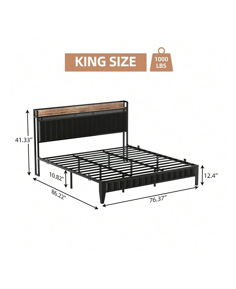 gaomon Full/Queen/King Size Bed Frame With Charging Station, Led Bed Frame With Storage Headboard, Upholstered Platform Bed Frame