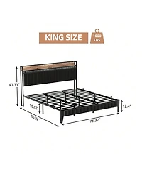 gaomon Full/Queen/King Size Bed Frame With Charging Station, Led Bed Frame With Storage Headboard, Upholstered Platform Bed Frame