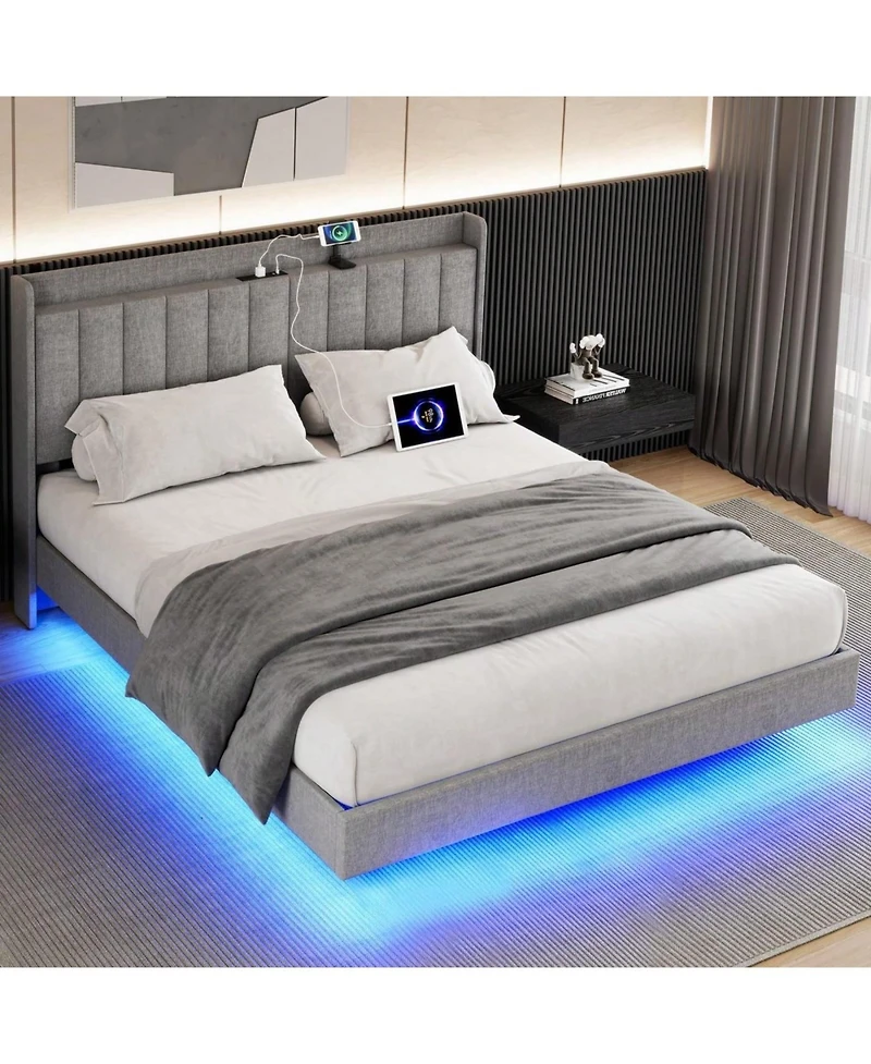 gaomon Full/Queen/King Size Floating Bed Frame With Charging Station & Storage Headboard, Upholstered Platform Bed Frame With Led Lights, Solid Wood S