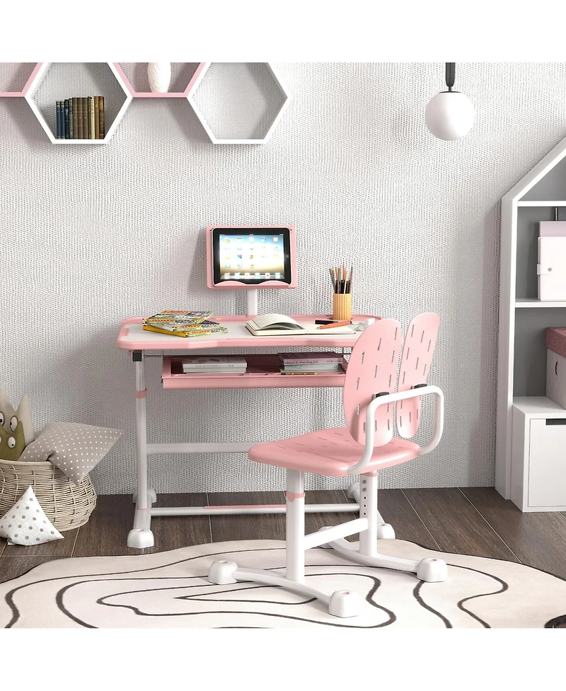 Qaba Adjustable Kids Desk and Chair Set with Tilt Desktop, Storage,