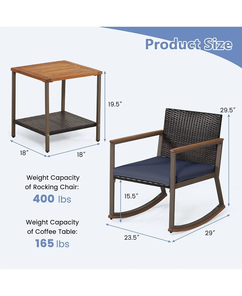 Sugift 3 Pieces Rattan Rocking Bistro Set with Coffee Table and Cushions