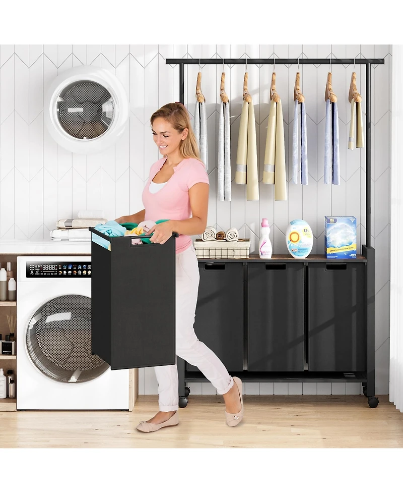 gaomon Laundry Sorter, Laundry Hamper 3-Section With Hanging Rack, Rolling Laundry Hamper With Removable Laundry Basket