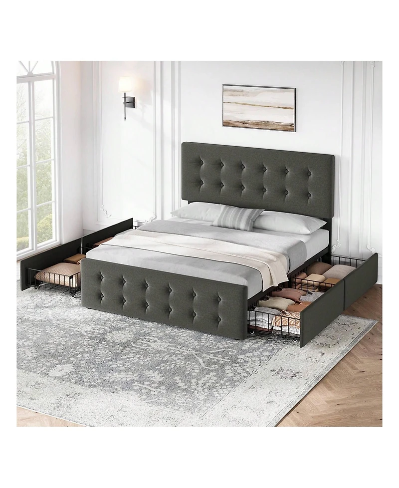 Bed Frame,With 4 Storage Drawers And Headboard, Linen Upholstered Platform Frame With Wooden Slats Support, Button Tufted Design