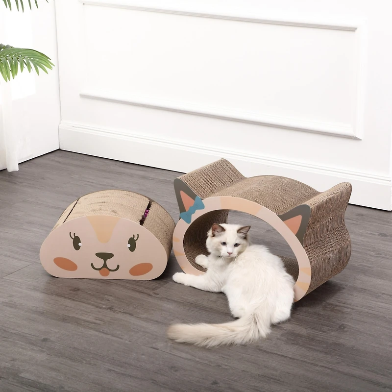 Opal 19" Modern Cardboard Happy Cat Head 2-in-1 Cave Scratcher with Built-In Bell Toys and Catnip