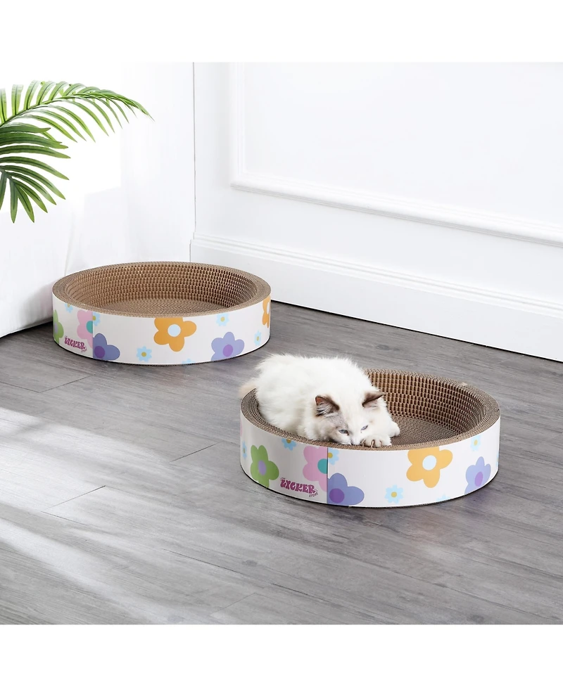 Daisy 18.13" Modern Cardboard Bowl Cat Scratcher with Catnip, White/Multi (Set of 2)