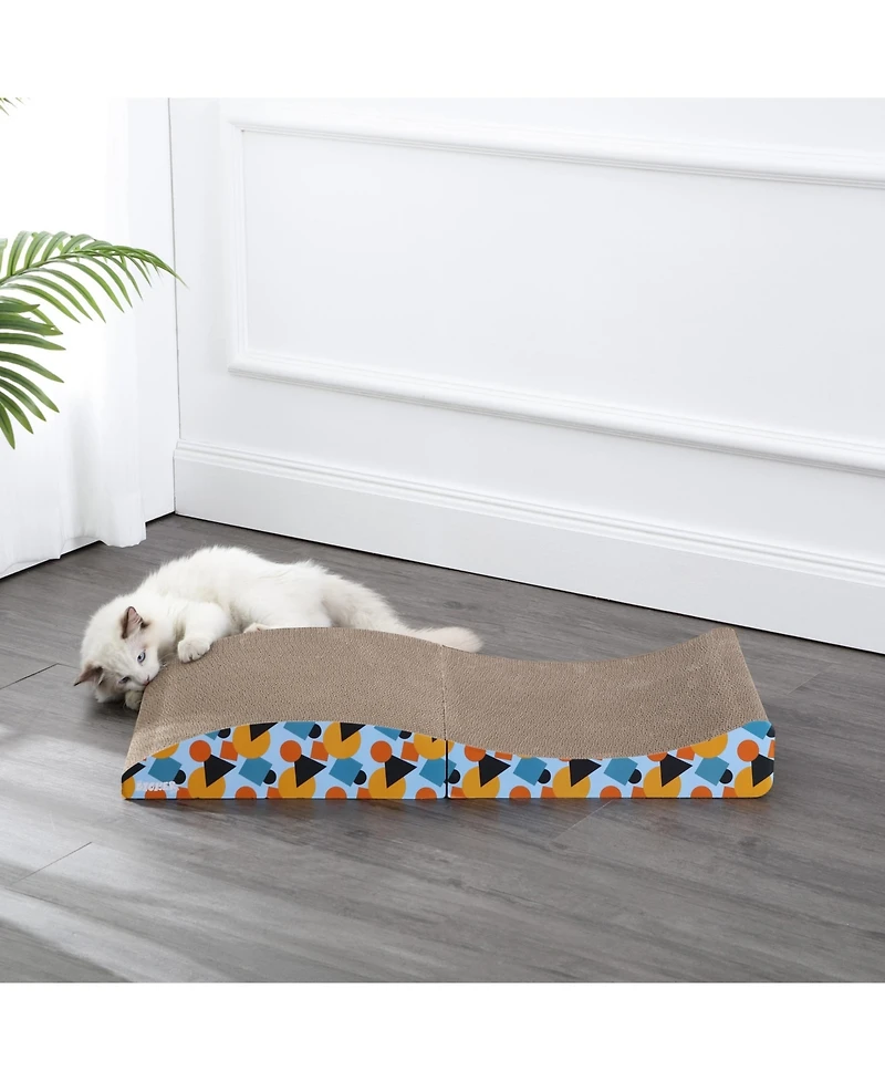 The Licker Store Eero 32" Modern Cardboard Foldable Lounge Cat Scratcher with Catnip, Blue/Orange