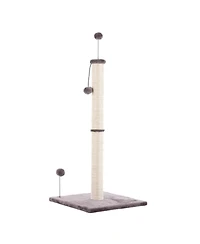 Rylie 38" Farmhouse Sisal Pillar Cat Scratching Post with Fuzzy Toys and Spring Balls, Gray/Cream