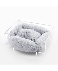 Carole 24" x 18" Small/Medium Modern Acrylic Calming Fluffy Pet Bed with Washable Cushion, Light Gray/Clear