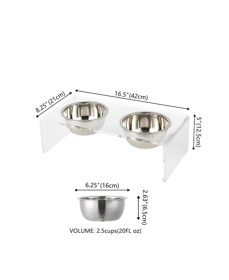 Keaton Modern Acrylic Rectangular Elevated Pet Feeder with 2-Stainless Steel Bowls