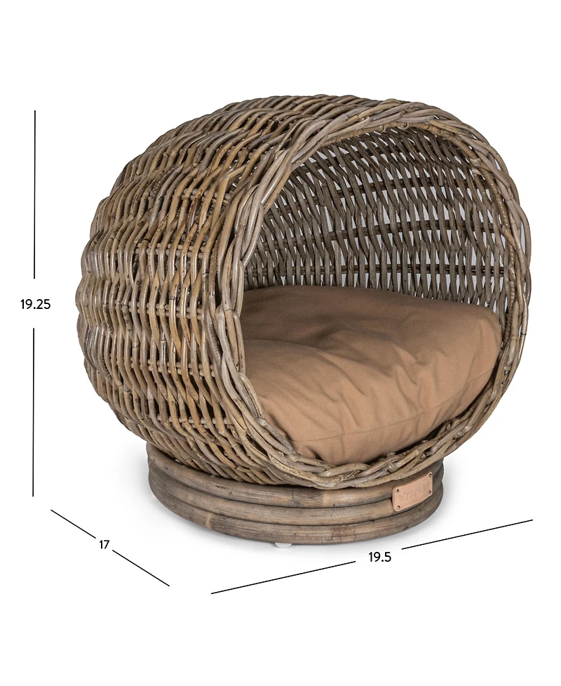 Socket Dome 19.5" x 17" Bohemian Handwoven Rattan Pet Bed with Machine-Washable Cushion, Kubu Gray