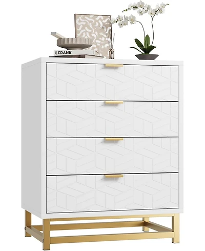 Dressers for Bedroom 4 Drawer, Chest of Drawers with Metal Base, Modern Dresser Chest Cabinet Organizer,White