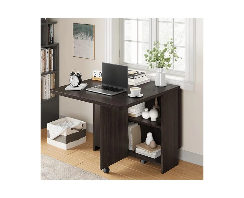 gaomon Space Saving Folding Dining Table with 2 Tier Storage-Extendable Drop Leaf Farmhouse Wood Kitchen Dining Room Tables Set for 4 (Dark Walnut