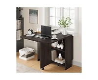 gaomon Space Saving Folding Dining Table with 2 Tier Storage-Extendable Drop Leaf Farmhouse Wood Kitchen Dining Room Tables Set for 4 (Dark Walnut