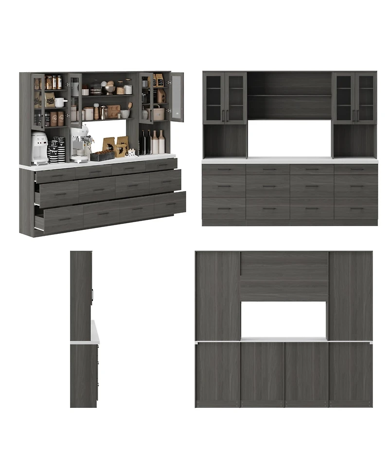 Famapy Grey Kitchen Cabinet with Glass Doors 12 Drawers, Pantry Storage Shelves