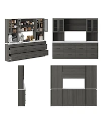 Famapy Grey Kitchen Cabinet with Glass Doors 12 Drawers, Pantry Storage Shelves
