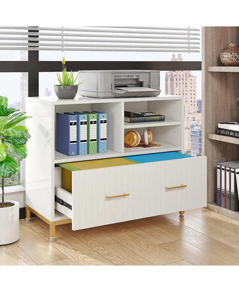 Tribesigns Lateral File Cabinet with Drawer and Adjustable Hanging Rod for Letter/Letter/A4 Size Files, 35.4" Wood Modern Printer Stand with Open Stor