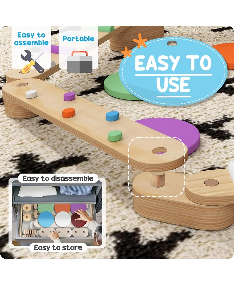 Qaba Kids Balance Beam, Wooden Balance Board with Stepping Stone